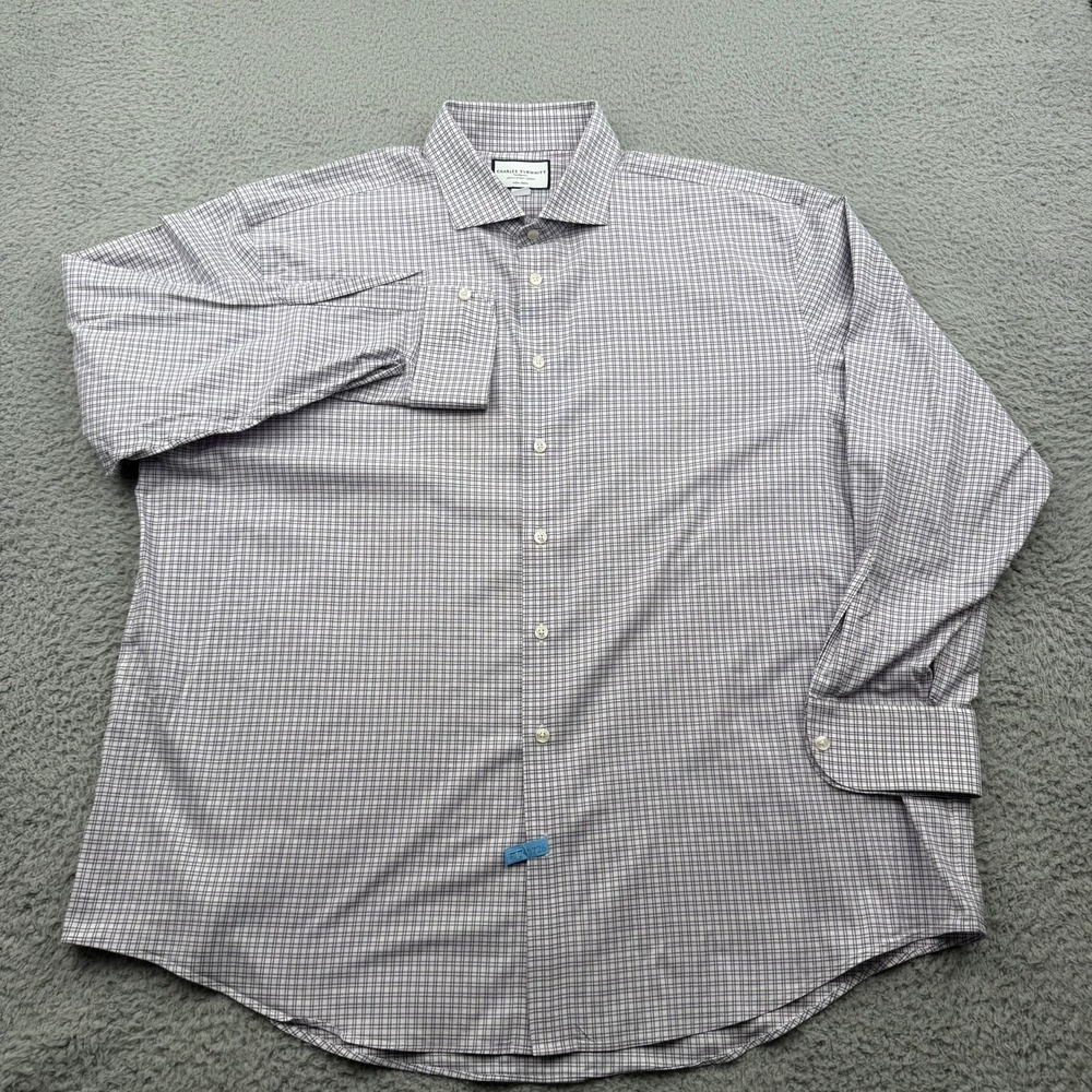 Charles Tyrwhitt Dress Shirt Mens 19/37 Purple White Grid Non-Iron Classic Fit
